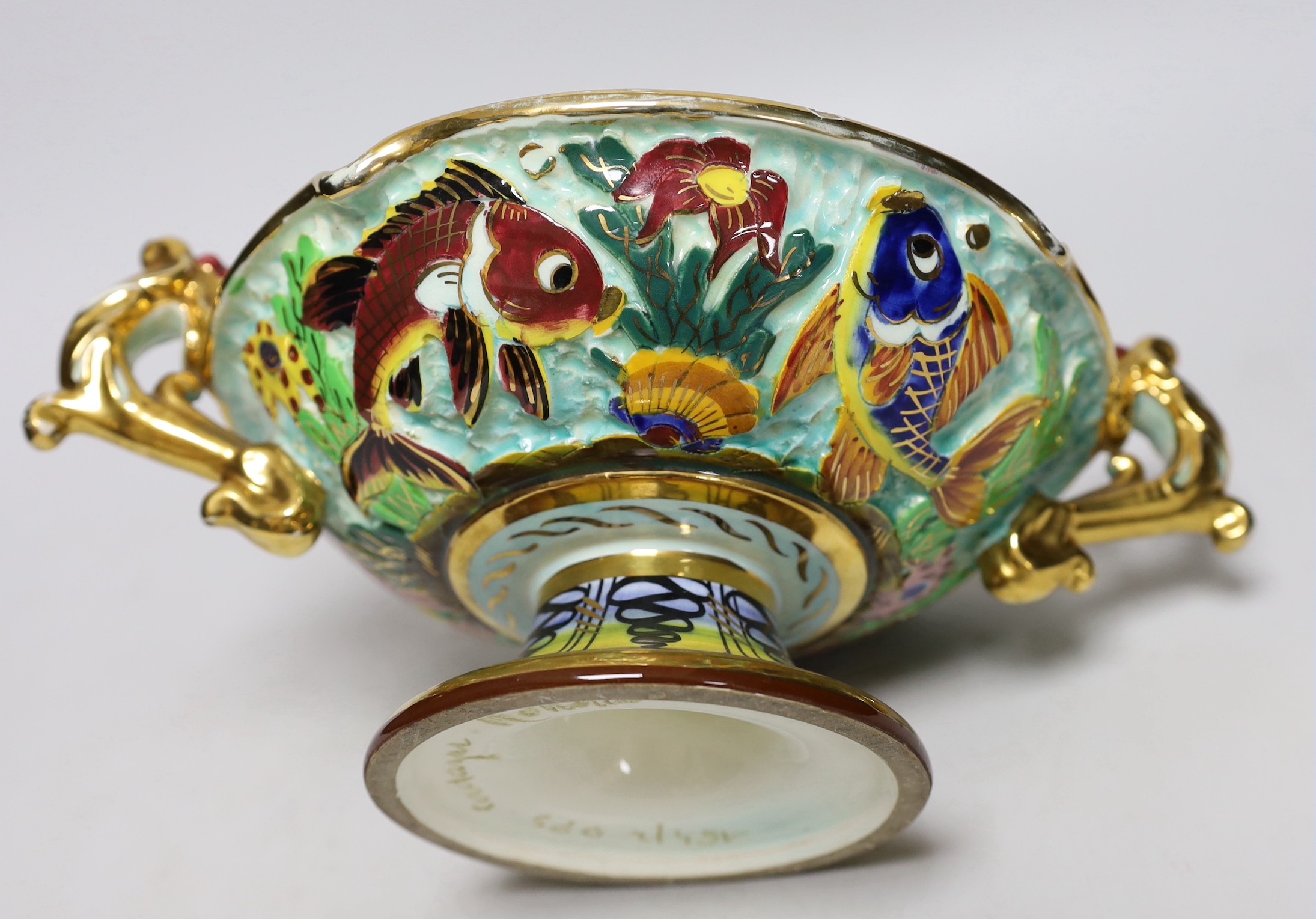 A French tazza with two handles, vibrant colours 30cm wide